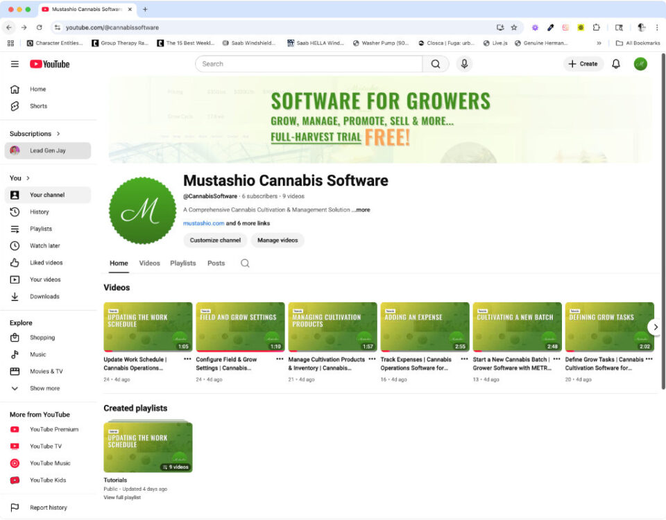 Screenshot of our Youtube Channel for Mustashio Cannabis Software for Growers
